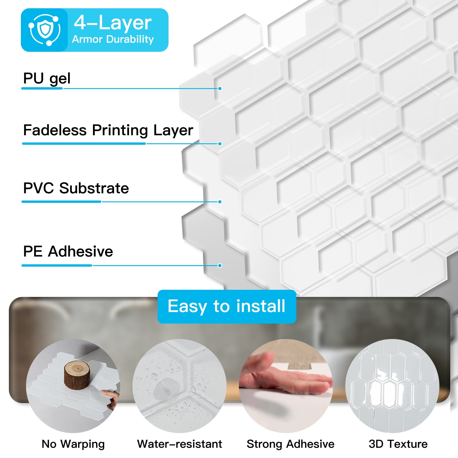 10Pcs Peel and Stick Backsplash,12'' x 12'' Heavy-Duty Self-Adhesive Vinyl Wall Tiles for Kitchen,Bathroom