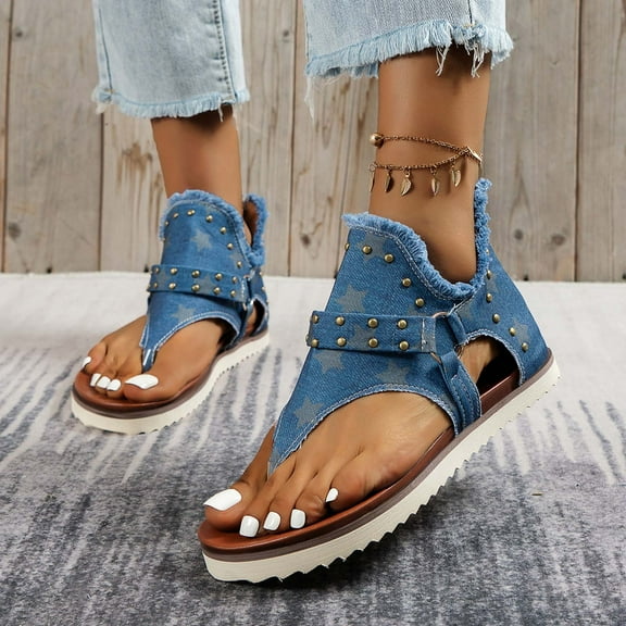 Dpityserensio Women Summer Clip-Toe Sunflower Shoes Zipper Comfy Flats Casual Beach Sandals Summer Women Sandals Blue 9.5(43)