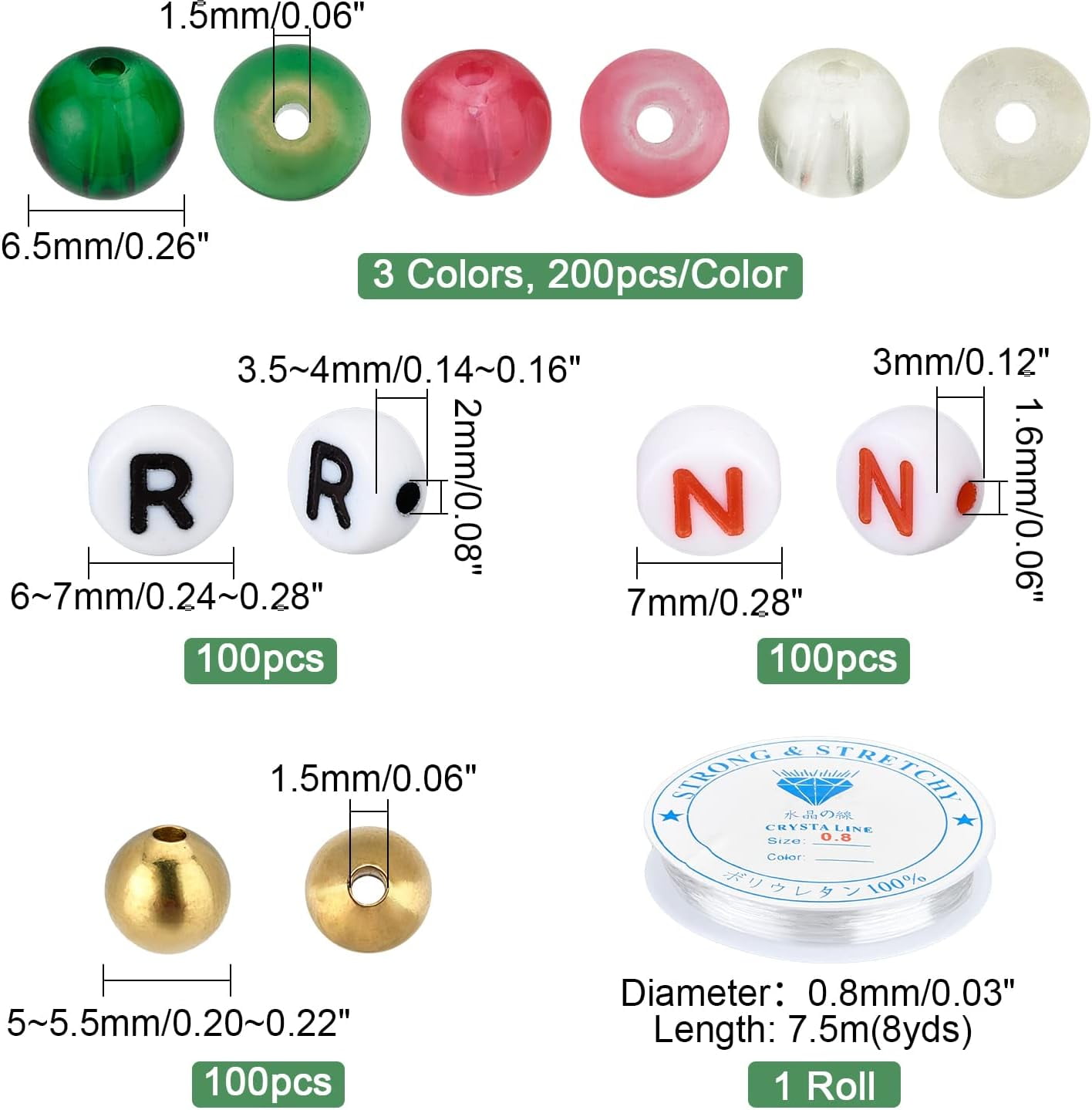 900pcs Glass Beads Alphabet Letter Beads Red Green Loose Beads Horizontal Hole Acrylic Beads Brass Spacer Beads with Elastic Thread DIY
