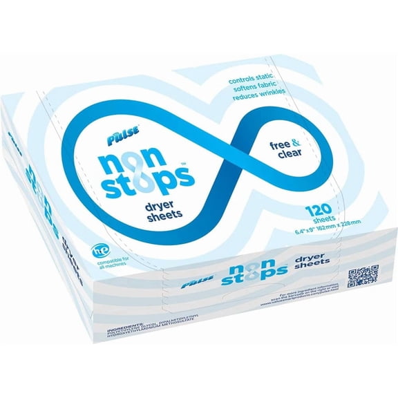 PULSE Non Stops Dryer Sheets - Free & Clear Scented Laundry Fabric Softener Sheets - Reduces Wrinkles - Controls Static - Softens Fabric (120 Count)