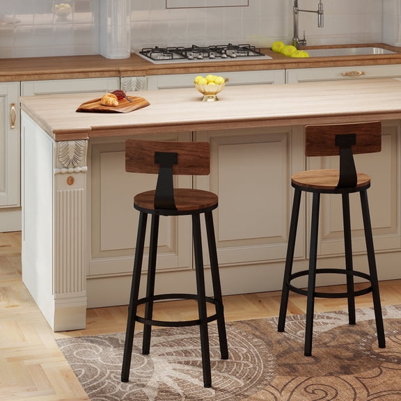 TUAREX Bar Stools Set of 2, Counter Height 30" with Backrest, Barstools Chairs with 360 Footrest, Steel Frame with Wood Seat and Back, for Dining Kitchen Island, Walnut