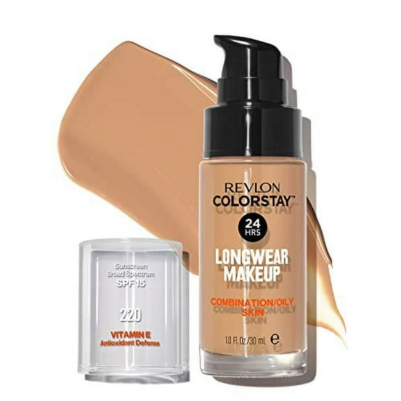 Liquid Foundation by Revlon, ColorStay Face Makeup for Combination & Oily Skin, SPF 15, Medium-Full Coverage with Matte Finish, Natural Beige ((220), 1.0 oz