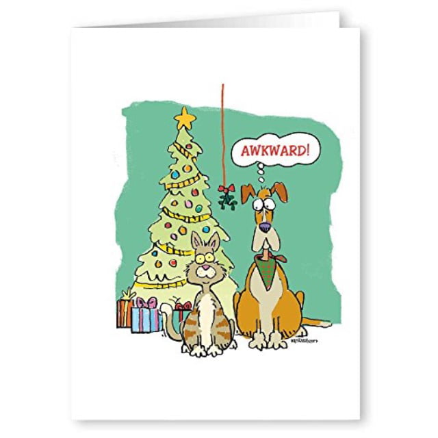 Funny Dog And Cat Awkward Moment Funny Christmas Card 18 Boxed