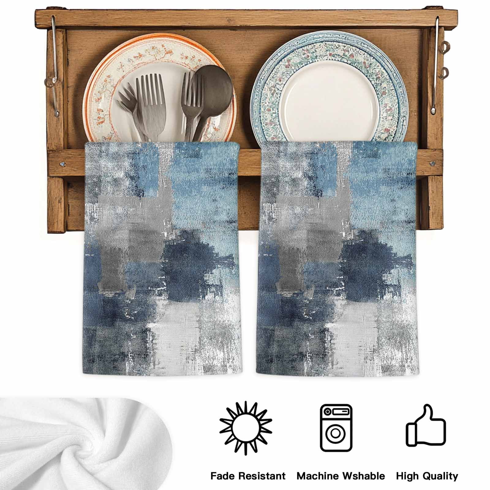 Navy Blue Grey Kitchen Towels Set of 2, Modern Oil Painted Abstract Art Aesthetics Soft Microfiber Dish Towels, Absorbent Washable Dishcloths for Kitchen Cleaning, Drying Dishes, 18x28 Inches