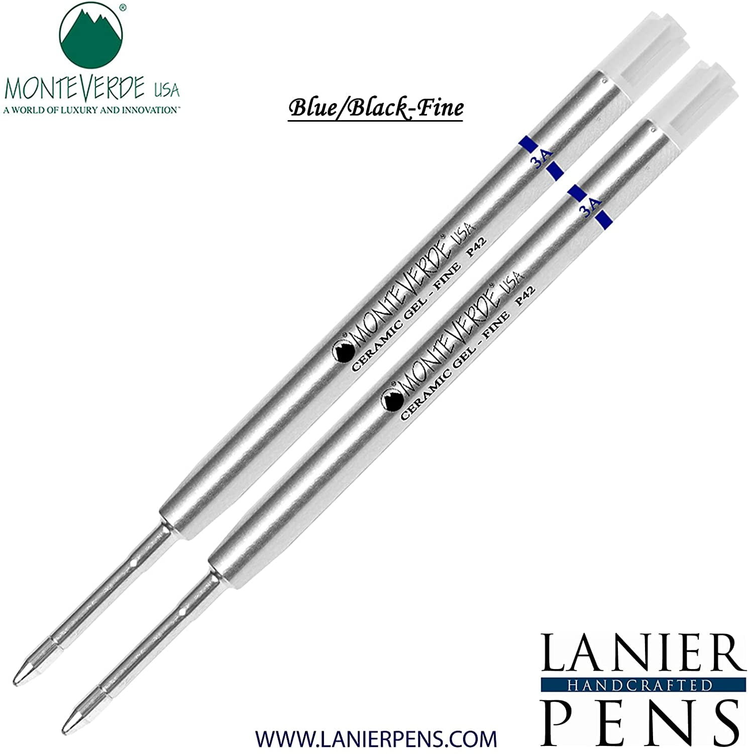 Lanier Combo Pack - 2 Pack - Monteverde Capless Ceramic Gel P42 Ink Refill Compatible with most Parker Style Ballpoint Pens - BlueBlack (Fine Tip 0.6mm)