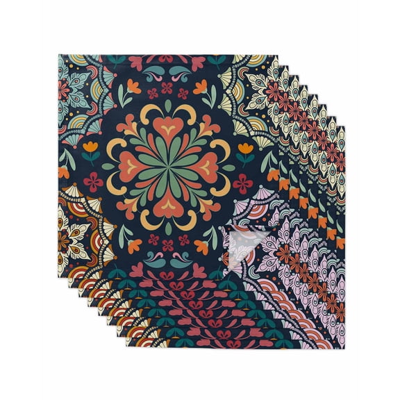 Vintage Flower Cloth Napkins Set of 8 Reusable Dinner Napkins, Boho Abstract Colorful Ethnic Floral Cocktail Napkin Washable Table Napkins for Wedding/Holiday Party/Baby Shower 20"x20"