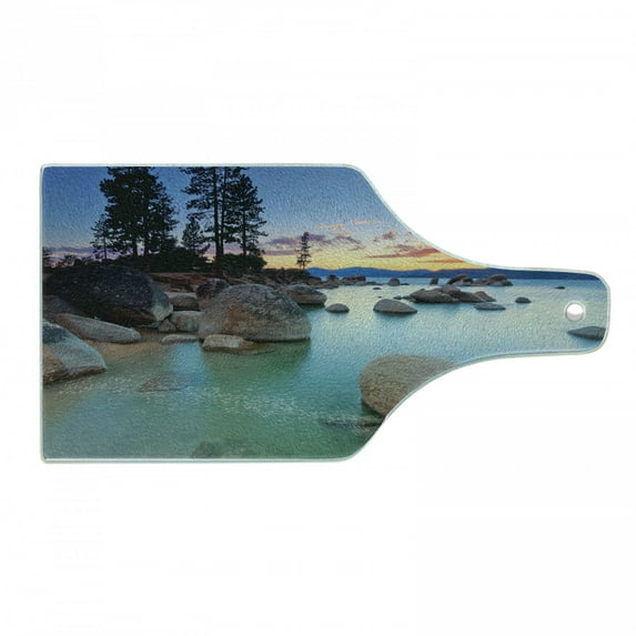Lake Cutting Board, Horizon on Stoned Sea Exquisite Sun Beams and Reflection Romantic Shore Coastal Theme, Tempered Glass Cutting and Serving Board, Wine Bottle Shape, Blue Grey, by Ambesonne