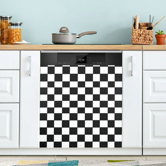 Dishwasher Magnetic Refrigerator Magnet Cover Sticker Home Decorative 23"x26" Classic Black-and-white Checkered Pattern