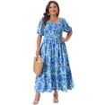 thumbnail image 3 of DARING DIVA Women's Plus Size Short Sleeve Square Neck Maxi Floral Dress 1X Blue, 3 of 7