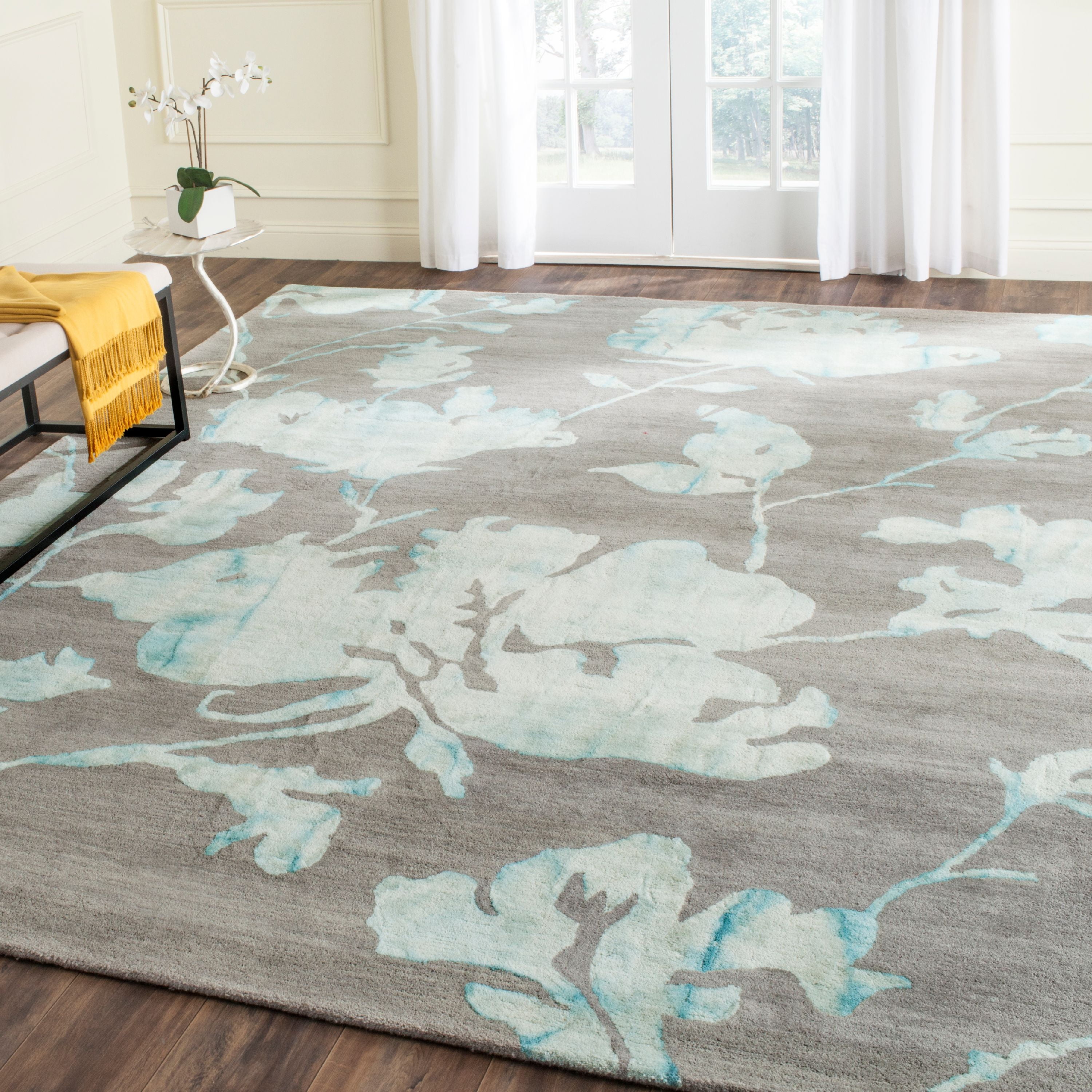 SAFAVIEH Dip Dye Kayla Overdyed Floral Wool Area Rug, Grey/Turquoise, 9' x 12'