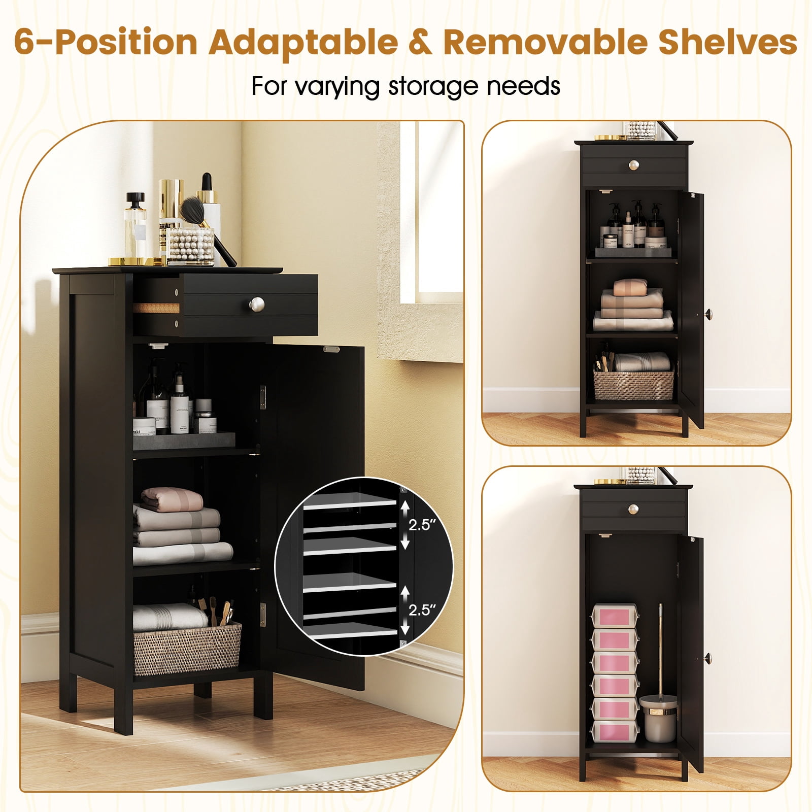 Costway Bathroom Storage Floor Cabinet Organizer Free-Standing w/ Drawer Black