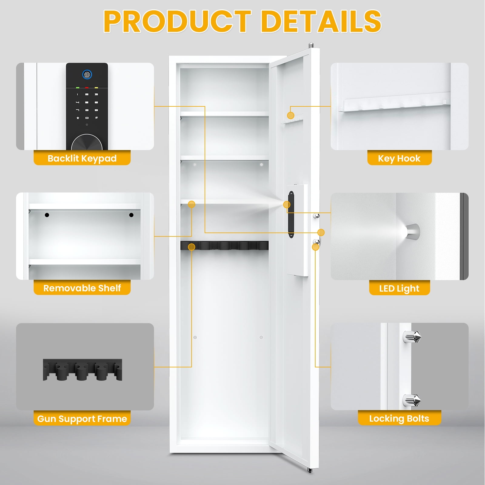 53.15" In Wall Gun Safe, Wall Safe Between the Studs, Biometric Hidden Gun Safes for Pistols, Gun Cabinets for Shotguns with Gun Rack and Adjustable Shelves(White-Fingerprint)