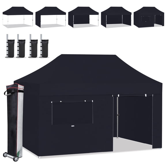 Eurmax USA 10'x15' Pop Up Canopy Tent with Heavy Duty Roller Bag,Bonus 4 Sand Weights Bags(Black)