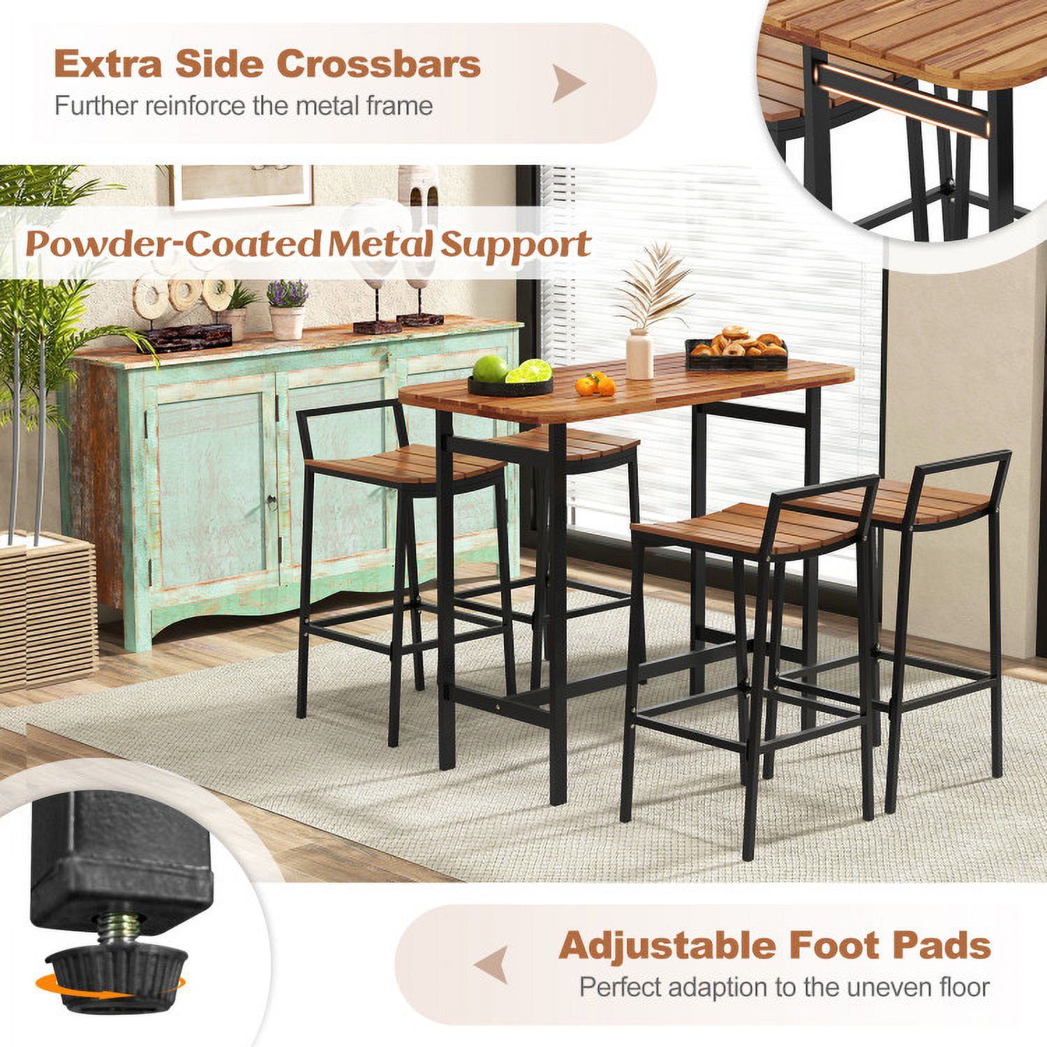 Aimee Lii 5 Piece Acacia Wood Bar Table Set Bar Height Table and Chairs with Metal Frame and Footrest, Outdoor Patio Furniture