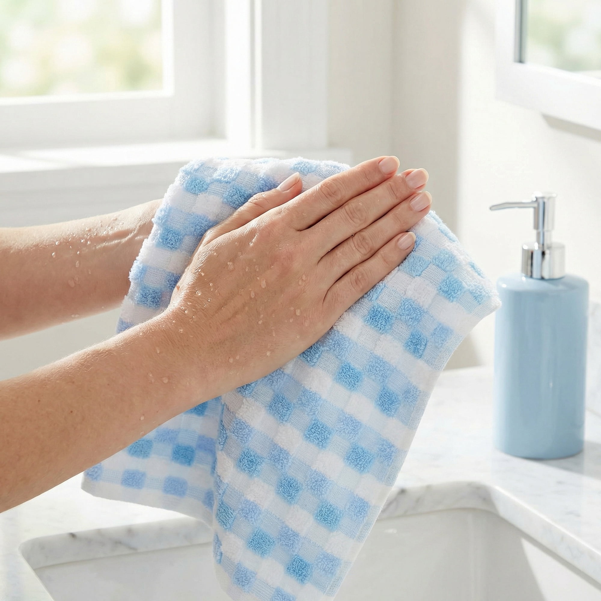 Unique Bargains Checkered Cotton Soft Absorbent Hand Towel Blue 2pcs 29" x 13"