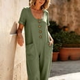 thumbnail image 4 of Women's Cotton Linen Solid‑Color Short‑Sleeve Jumpsuit U‑Neck Button‑Front Loose Baggy One‑Piece Pants with Side Pockets Army Green XL(XL), 4 of 9