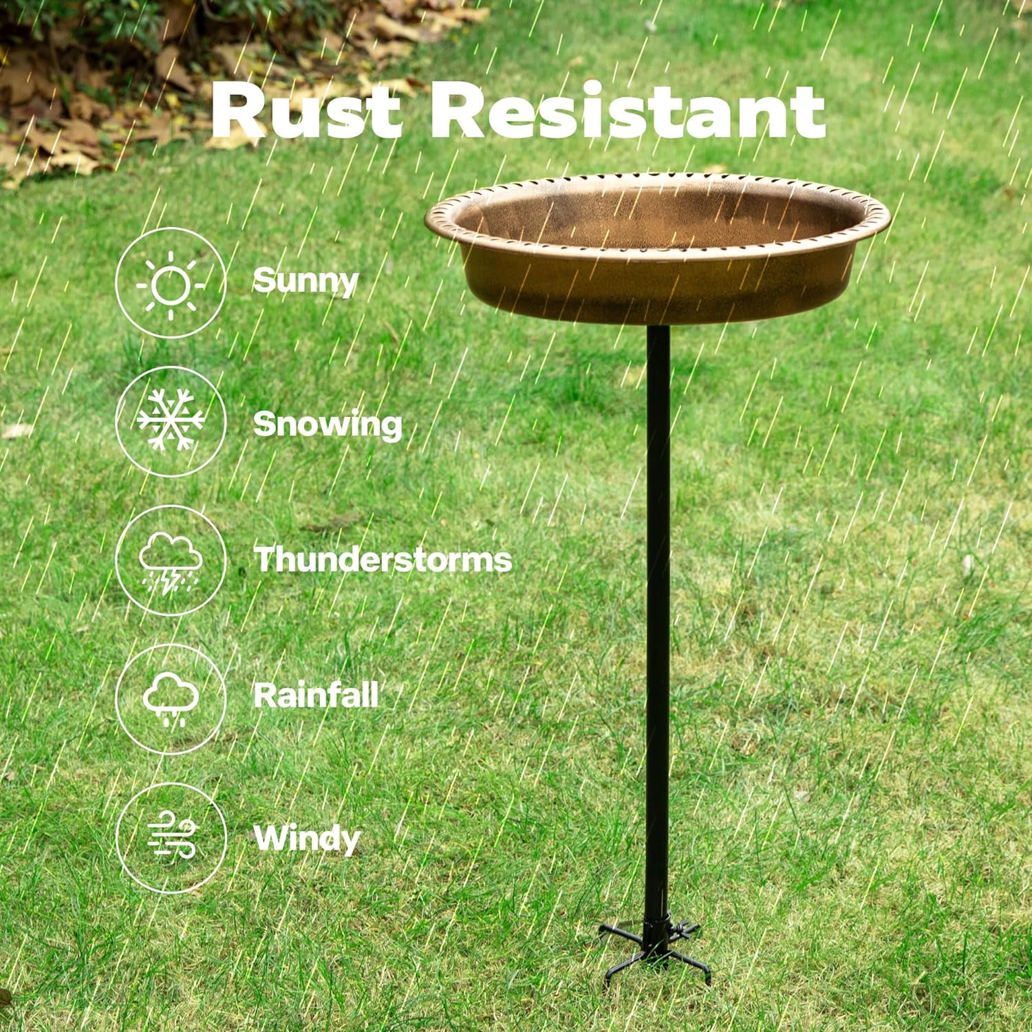 SPECSTAR Bird Bath, Oval Polyresin Birdbath Bowl with Metal Stake, 29 inch Height Outdoor Freestanding Birdfeeder, 1.3 Gallons, 5-Pronged Base, Copper