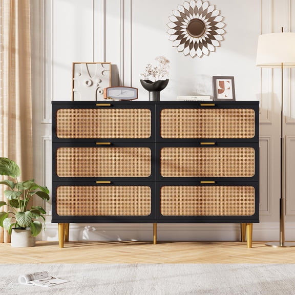 6 Drawer Rattan Decor Wooden Dresser, Large Double Storage Chest with Wide Top Panel, Household Organizer Cabinet for Bedroom Living Room Hallway Kids Room, Black