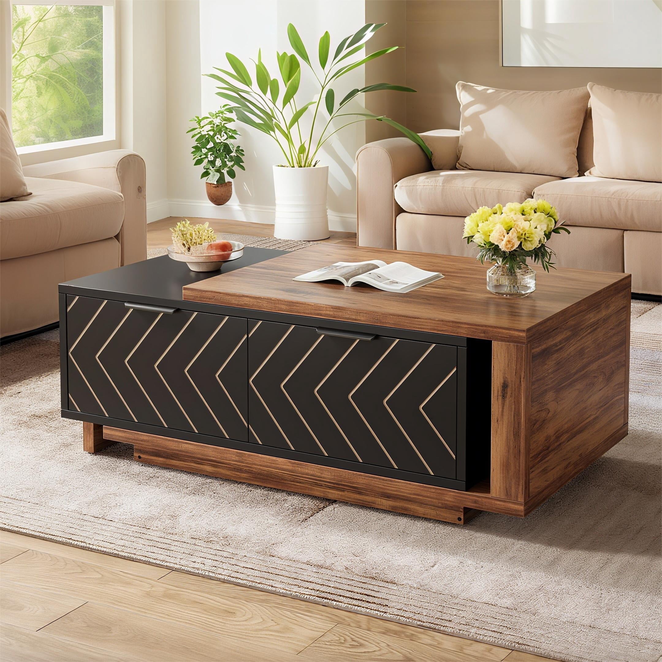 Fnova Modern Extendable Coffee Table with 2 Drawers, 42"-65" Expandable Wood Coffee Table for Living Room, Brown and Black