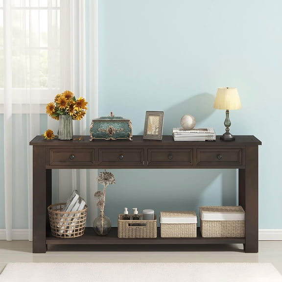 Barara King Narrow Console Table, Entryway Table,63 Inches Farmhouse Entryway Table with 4 Storage Drawers and Open Shelf-Espresso