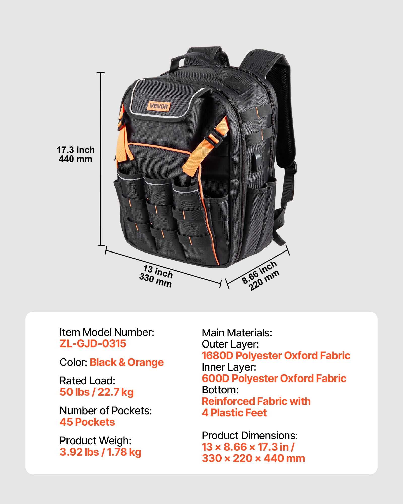 VEVOR Tool Backpack, 45 Pockets, Heavy-duty Tools Storage Organizer Work Bags with Laptop Compartment & Reinforced Fabric Basee, Electrician Jobsite Backpack for Electrician, Repairman