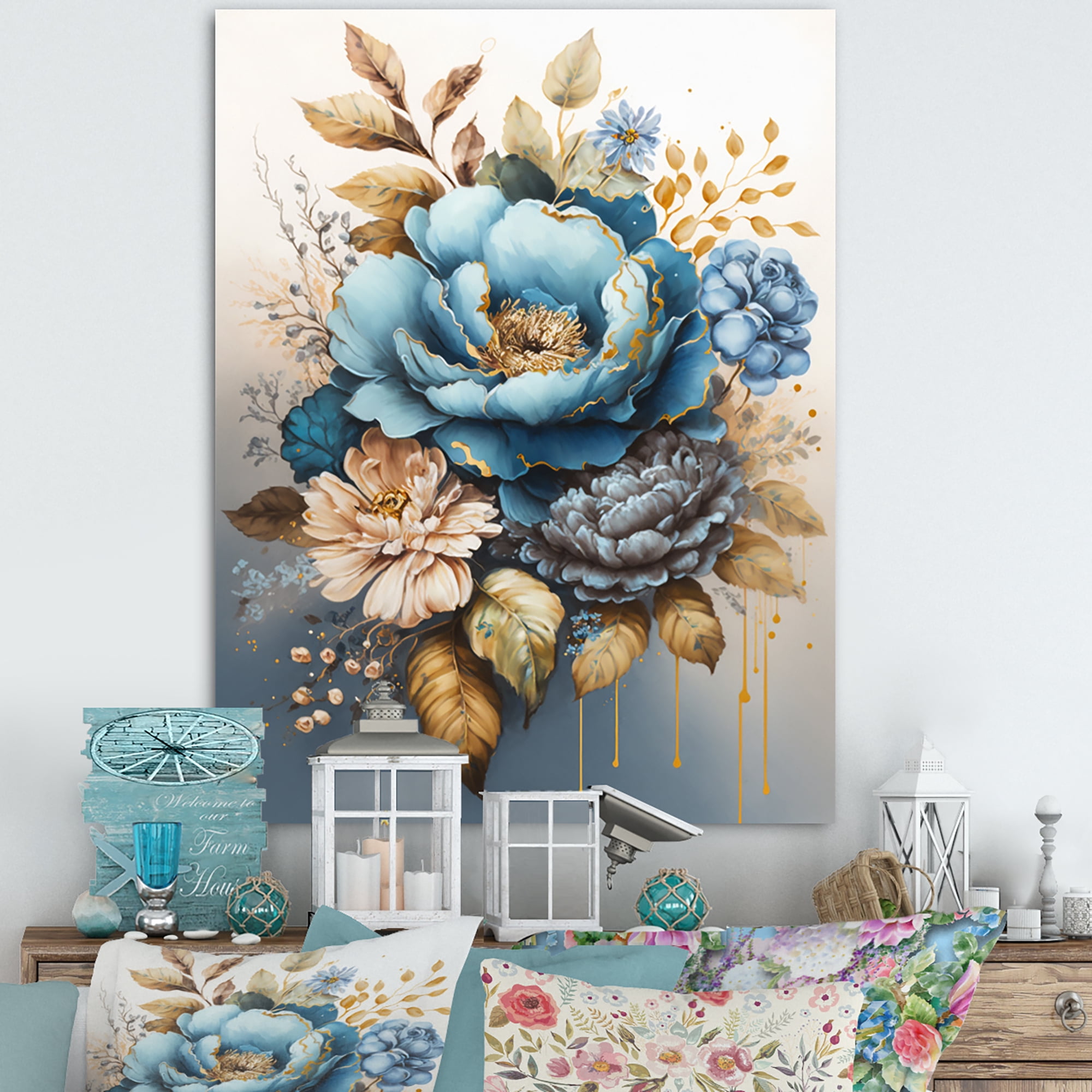 Designart Blue And Gold Mixed Floral Bouquet IV Canvas Wall Art