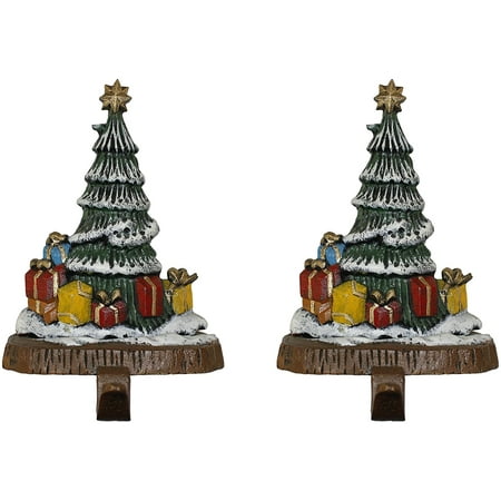 Lulu Decor, Cast Iron Decorative Christmas Tree Stocking Holders, Solid, Beautiful, Set of 2 Trees on bark style base, each 7.5