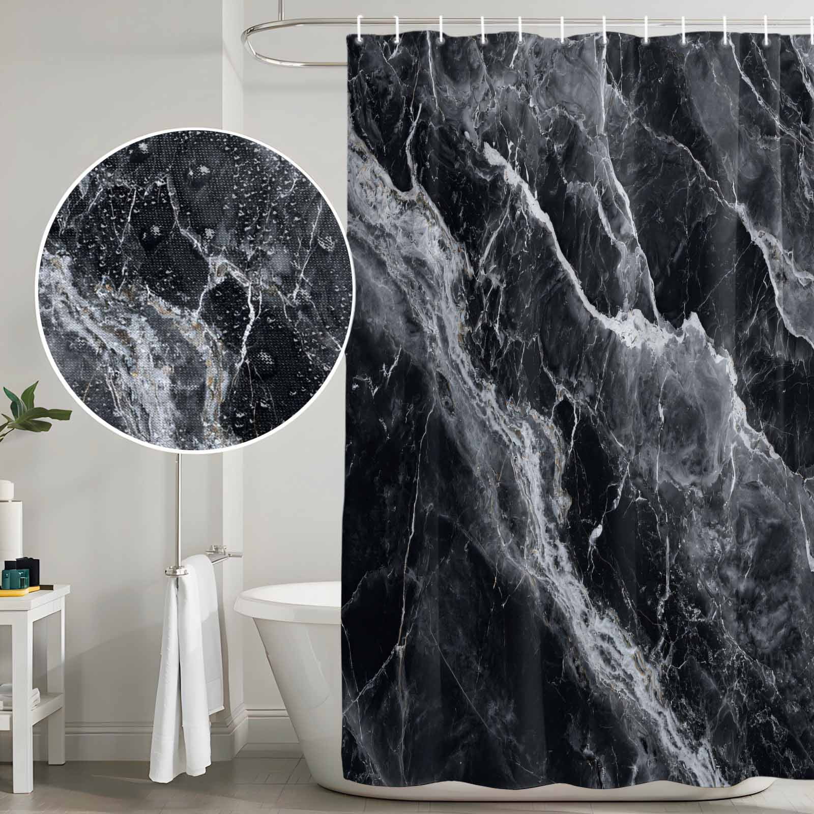 Shower Curtain Bathroom Set Abstract Marble Stone Texture Waterproof Fabric Shower Curtains with Grommets&Hooks, Black Privacy Bath Curtain for Bathtub 72x72in