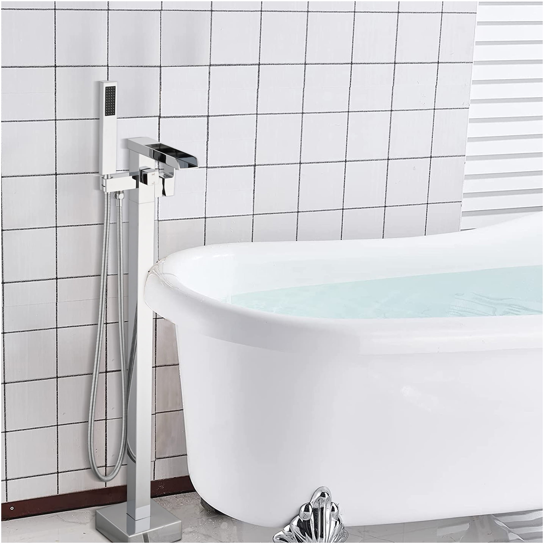 JERFIT Floor Mounted Freestanding Bathtub Faucet Set with Hand Shower, Chrome Waterfall Tub Filler, Single Handle Stainless Steel Floor Mount Faucet