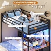 Twin Over Full Bunk Bed with Led Lights and 4 Drawers,L-shaped Bunk Bed with Desk,Metal Bunk Beds with Storage Headboard and Charging Station,Loft Bed with Safety Guardrail and Ladder,Black