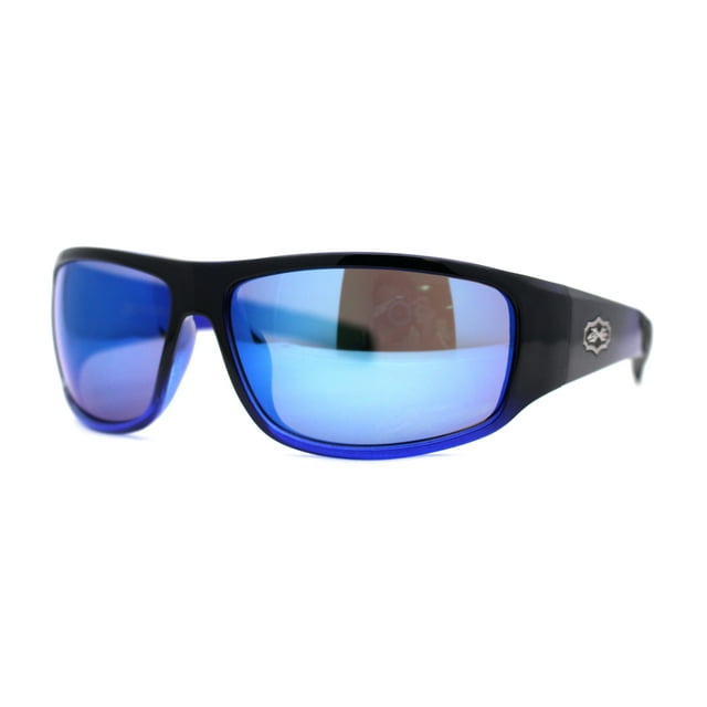 Mens Xloop Classic 90s Sport Wrap Plastic Sunglasses Black Blue Mirror