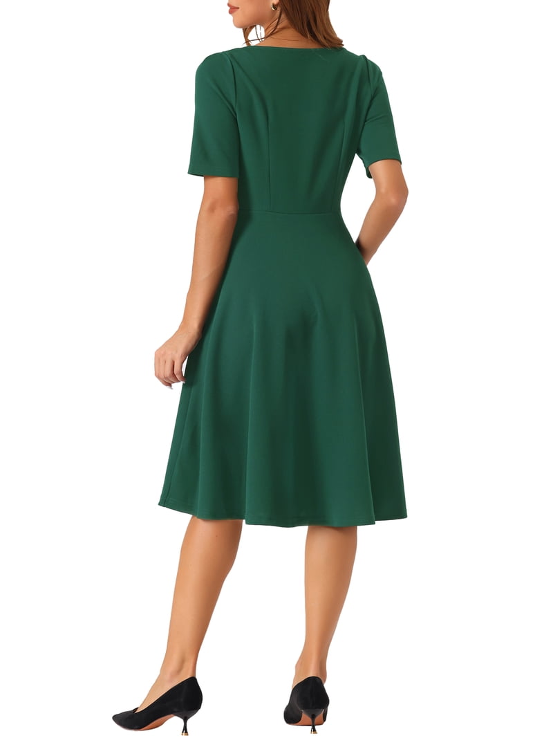 INSPIRE CHIC Work Dresses for Women's Sweetheart Neckline Short Sleeve A-Line Dress Dark Green L