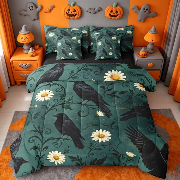Homewish Gothic Halloween Crow 7-Piece Twin Bedding,Daisy Floral Pattern Bedding Comforter Set,Dark Teal White,Black Reversible