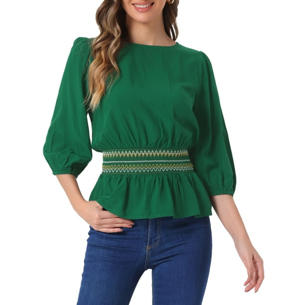 INSPIRAR CHIC Blusas de Peplum para Mujeres con Mangas Cortas Abullonadas y Cintura Fruncida en Verde M