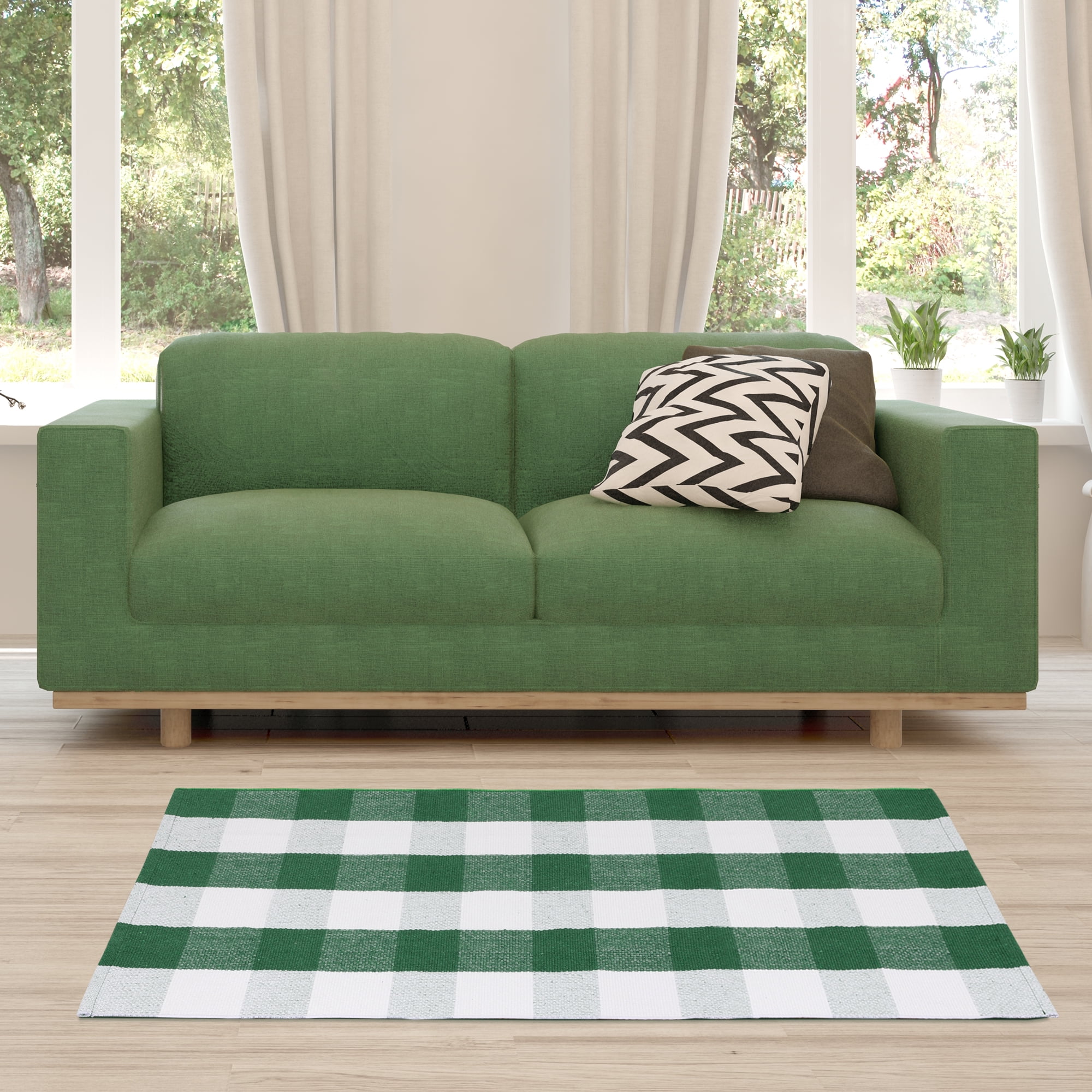Unique Bargains Cotton Woven Checkered Area Floor Rug Carpet Mat Green & White 51"x24"