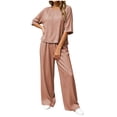 thumbnail image 2 of LEKWK Linen Sets for Women 2 Piece Short Sleeve Crewneck Summer Top and Loose Fit Wide Leg Pants Fashion Solid Lounge Beach Vacation Sets, 2 of 6