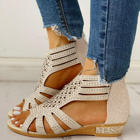 

DAETIROS Sandals for Women- Prevalent Hollow Rome Rhinestones Back Zipper Round Head Womens Sandals Beige Size 9.5