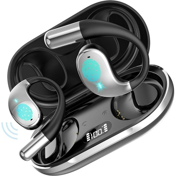 Open Ear Bluetooth 5.4 Earbuds with 60H Playtime, LED Display, Sport Ear Hooks & Built-in Mic - Wireless Charging Case, IPX5 Waterproof