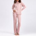 thumbnail image 4 of Lovskoo 2024 Women's Sweater Set Casual Knitted Pullover Loose Solid Color Long Sleeved High Neck Knit Sweater Wide Leg Pants Sweater Two-Piece Set Pink, 4 of 9