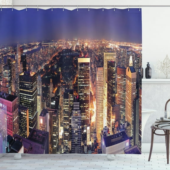 Ambesonne NYC Shower Curtain, New York Panoramic Aerial Night, 69"Wx84"L, Multicolor