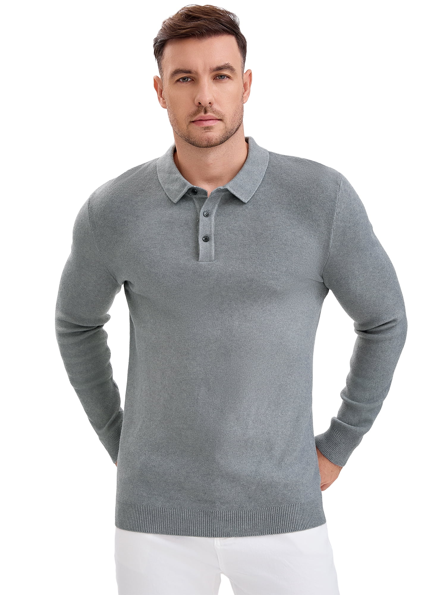DARING DIVA Men's Long Sleeve Pullover Business Knitted Polo Shirt L Gray