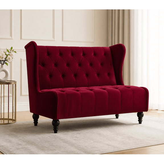 Wine Red Velvet 2-Seat Wingback Loveseat Sofa with Button-Tufted Diamond Stitch and Turned Legs