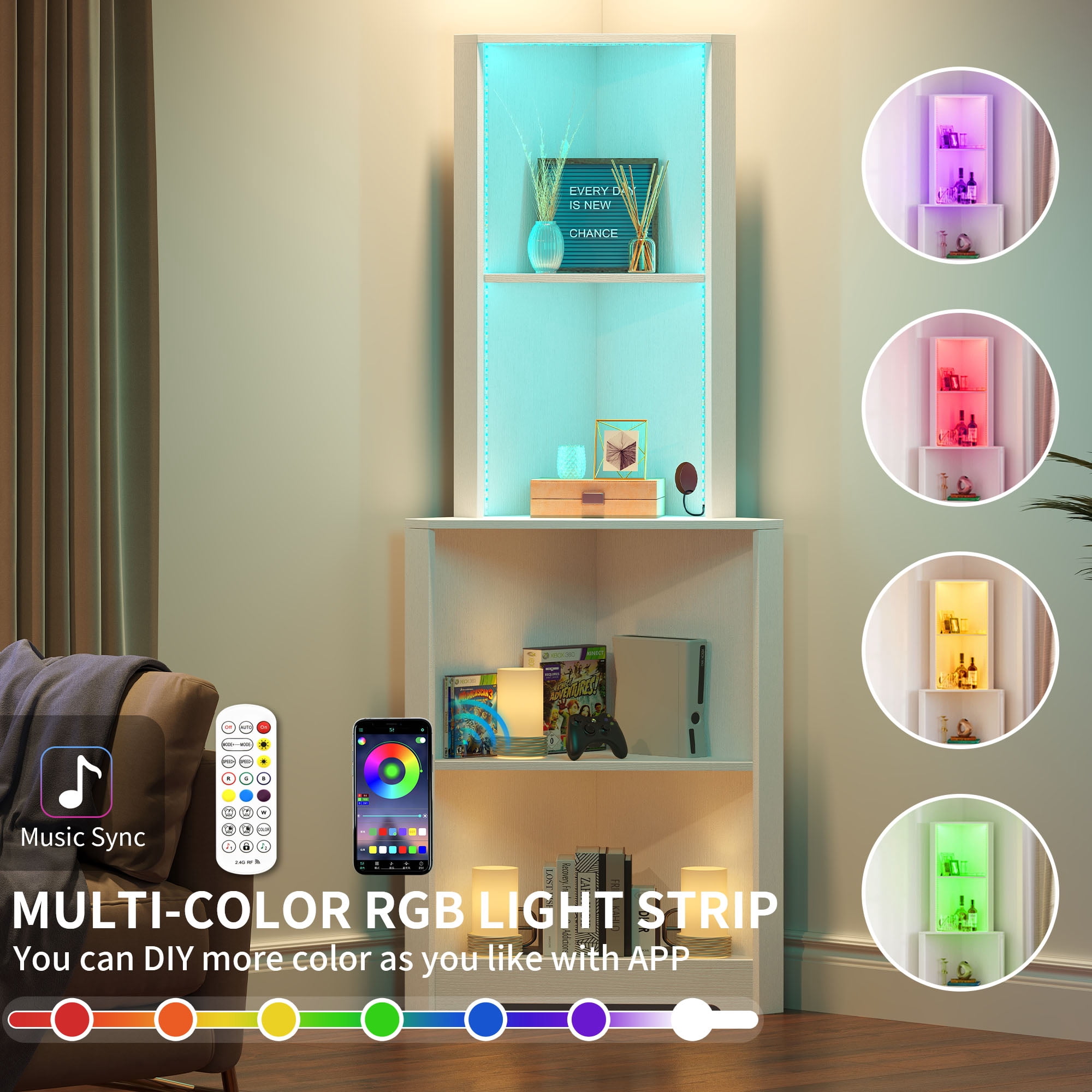 Dextrus 5-Tier Corner Shelf with Led Light, Wooden Open Corner Cabinet, Corner Bookshelf Bookcase Stand Storage Rack for Living Room, Home Office, Kitchen, Small Space, White
