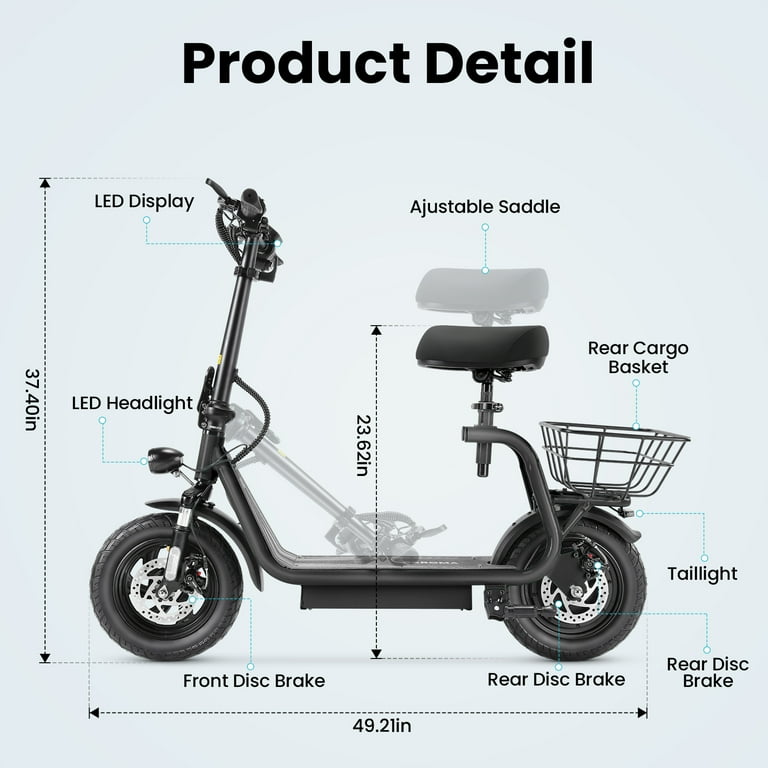 Caroma Peak 819W Electric Scooter with Seat, 375Wh Battery up to