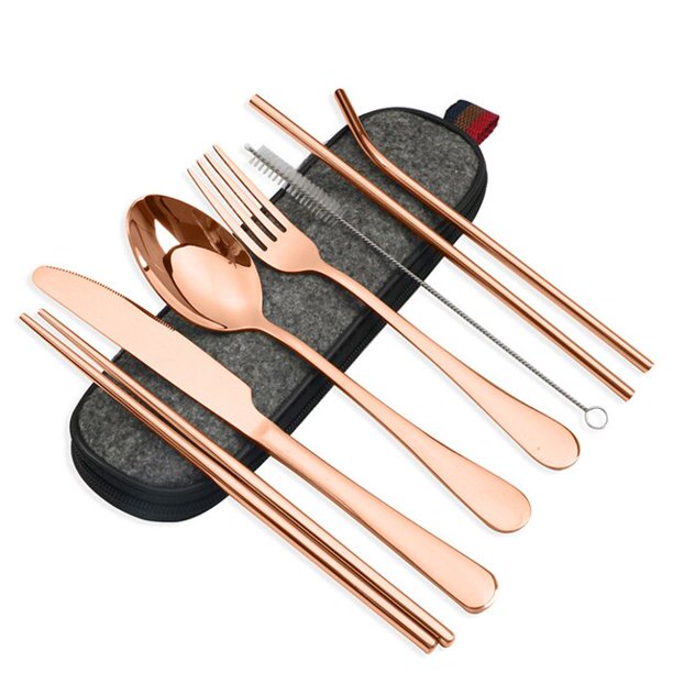 Juego de cubiertos de viaje reutilizables, juego de utensilios de campamento con cuchara de acero inoxidable, tenedor, palillos, Pajita, estuche portátil, 8 piezas por juego Fivean unisex