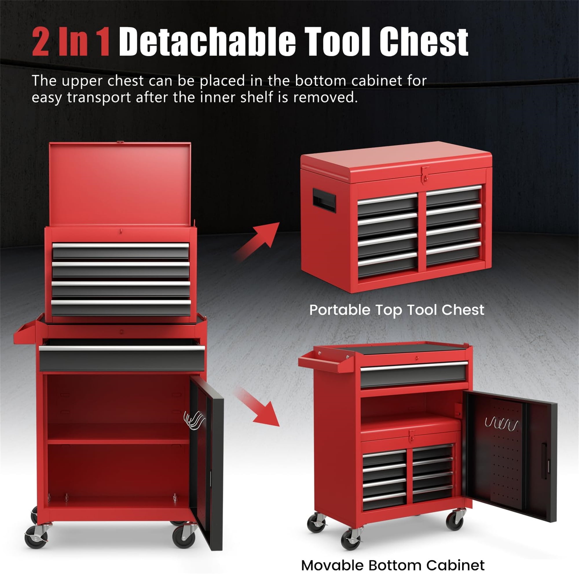 Aukfa Tool Box, 2-in-1 Rolling Tool Chest & Cabinet on Wheels for Garage Workshop, 5-Drawer, Red&Black
