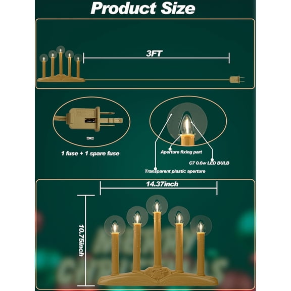 YUYAN-5-Light Christmas Window Candle Lights, Electric Plug-in Candelabra Arch for Luminous Holiday Decorations - Traditional Indoor Windowsill Taper Candle Lamp, Flameless