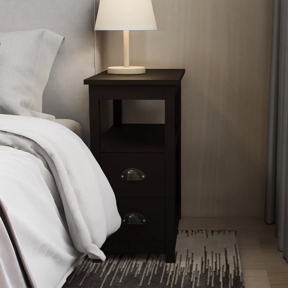 Space Saving End Table Narrow Nightstand with Two Drawers and Open Shelf for Living Room, Bedroom, Brown MDF