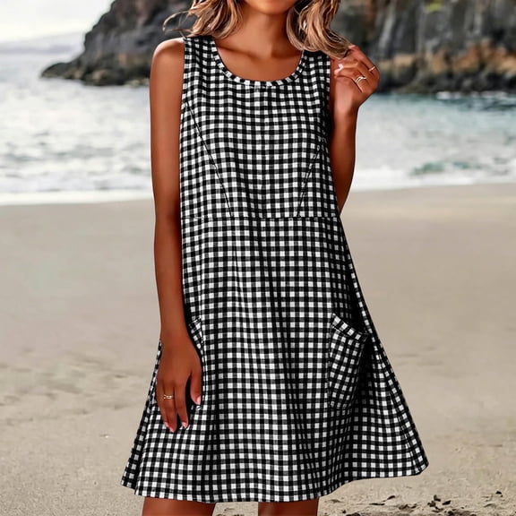 ClodeEU Women's Crew Neck Sleeveless Plaid A Line Mini Dress,Solid Casual Summer Swing Dress Black-Plaid,Women's Plus L