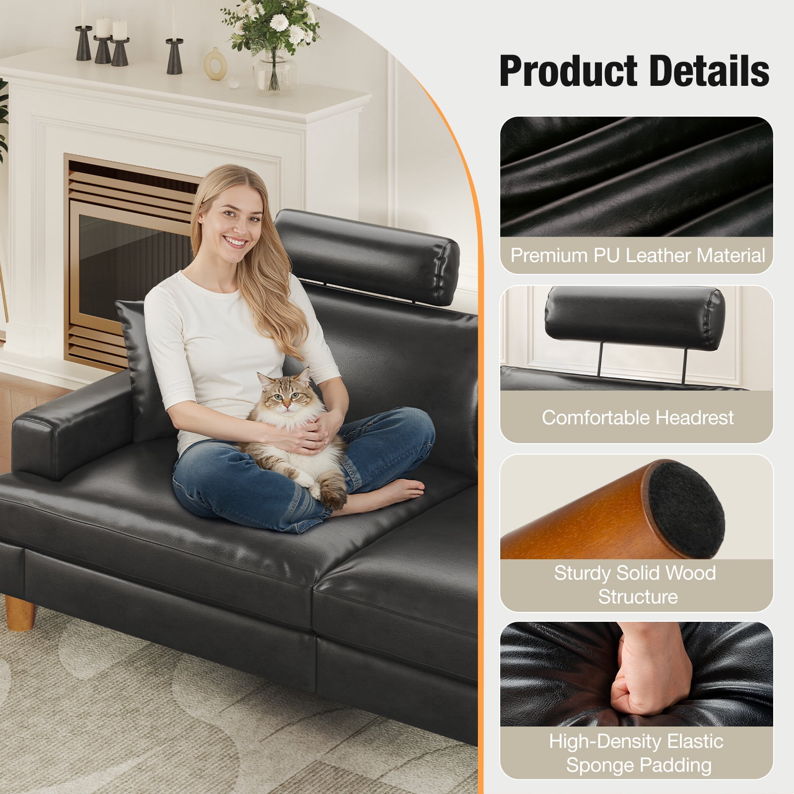 87" Sofa Premium PU Leather Couch with Headrest, Comfy 27" Extra Deep Seat 3 Seater Sofa for Living Room, Includes 2 Pillows, Black